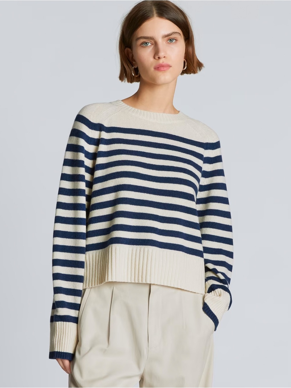 Everlane Cream and Navy Striped Crewneck Cashmere Wool Sweater - Women